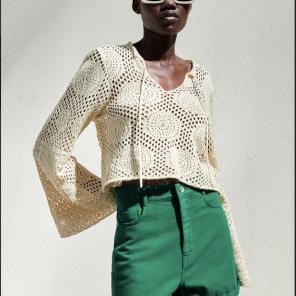 Zara cream crochet boho long sleeve top with V-neck and a front tie - SZ Small - Picture 1 of 9